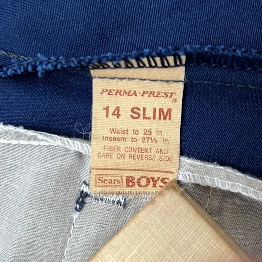 1970s Vintage Pants Sears Boys 14 Slim Perma-Prest Navy Blue Trousers